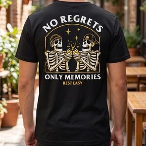 Rest Easy Mens No Regrets Only Memories Skeleton Graphic T-Shirt Black Cotton